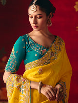 Mustard yellow tissue organza saree