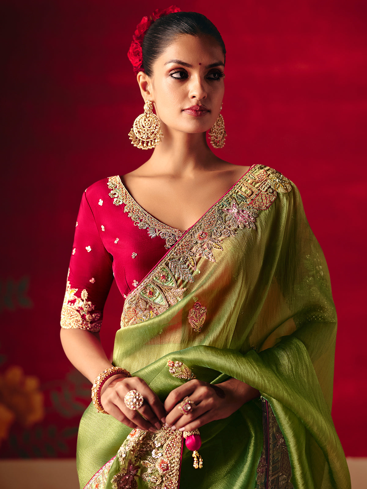 Pista green tissue organza wedding saree