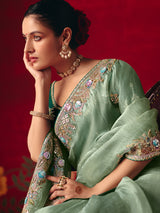Sage green tissue organza embroidered saree