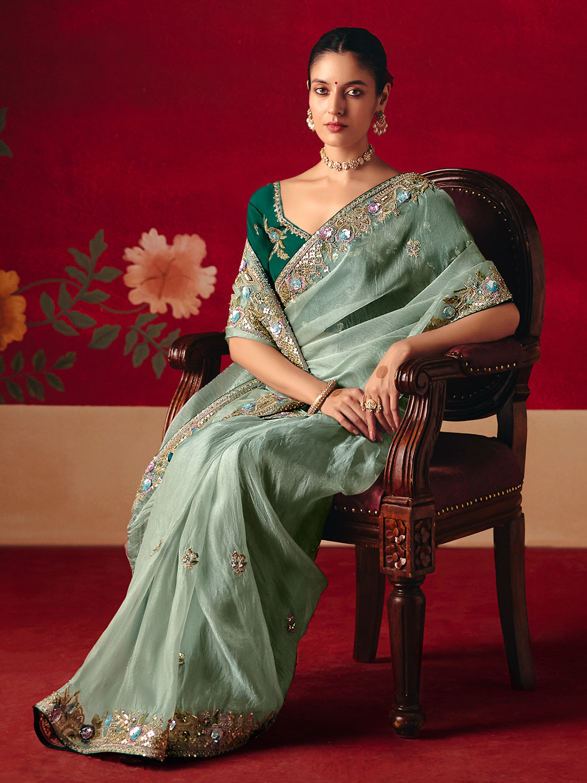 Sage green tissue organza embroidered saree