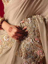 Beige tissue organza embroidered wedding saree