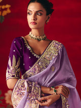 Lavender purple tissue organza embroidered work saree