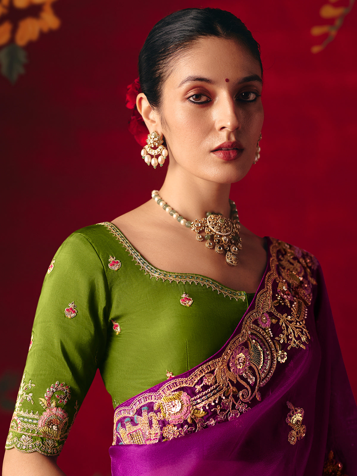 Purple tissue organza embroidered work festive saree