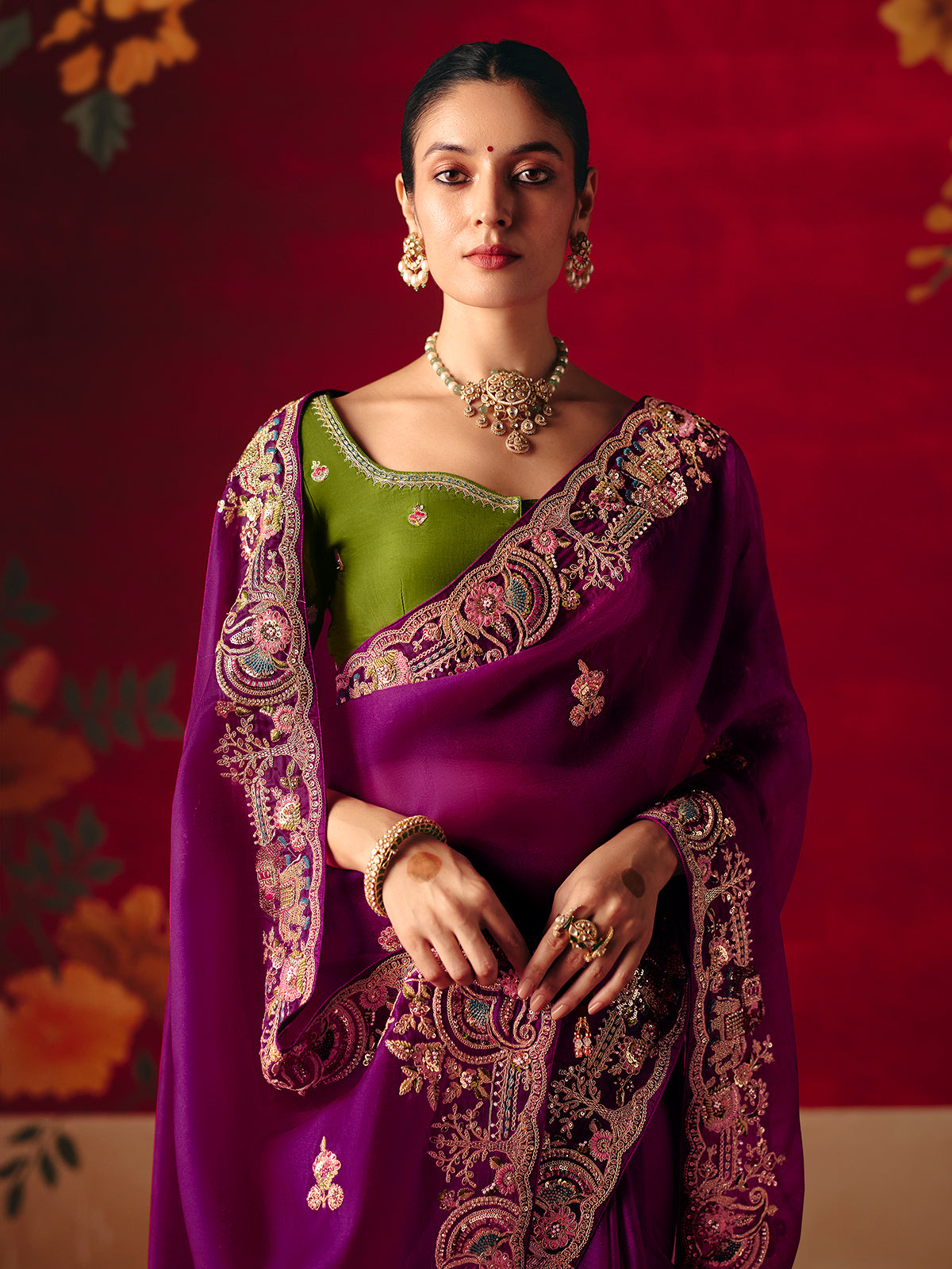 Purple tissue organza embroidered work festive saree