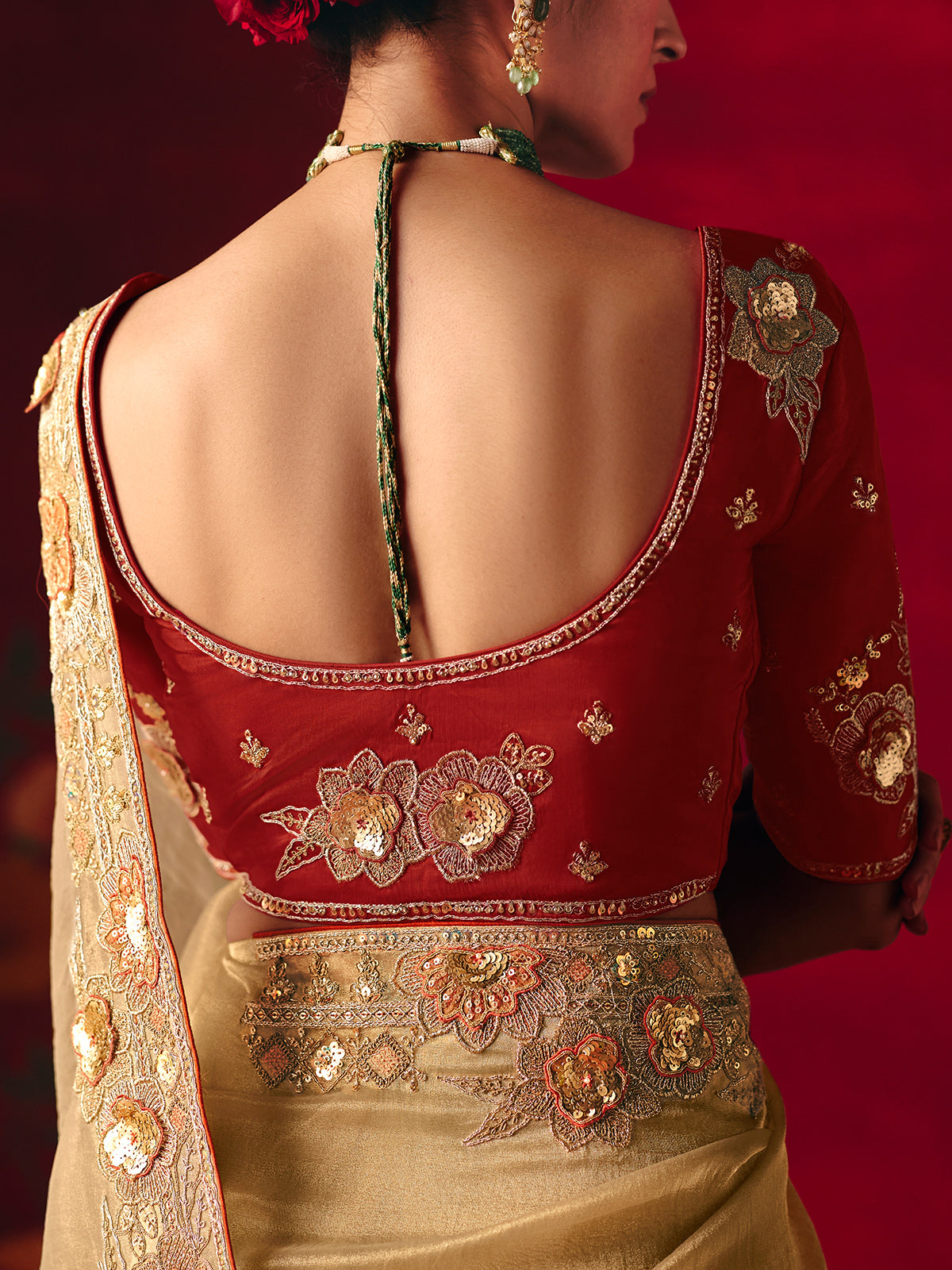 Cream tissue organza embroidered work saree