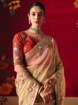 Cream tissue organza embroidered work saree