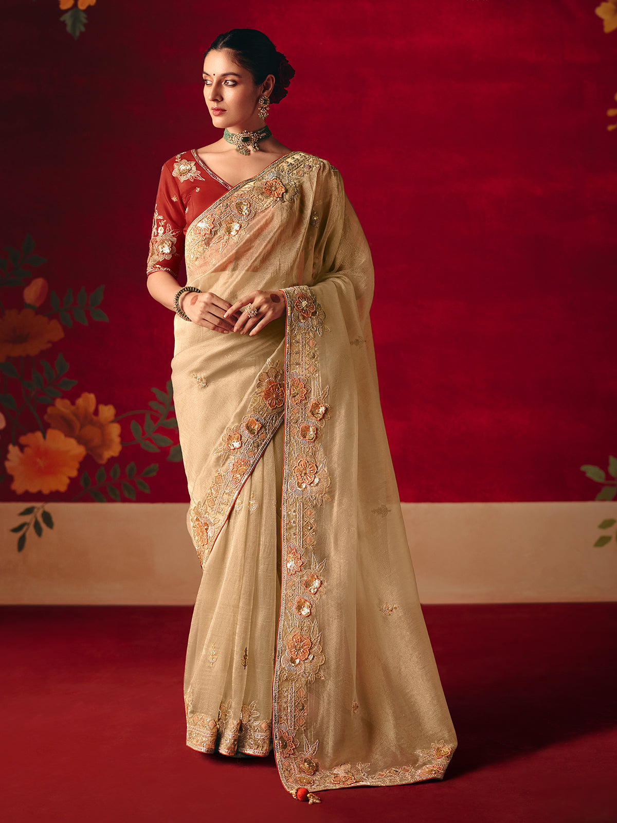Cream tissue organza embroidered work saree
