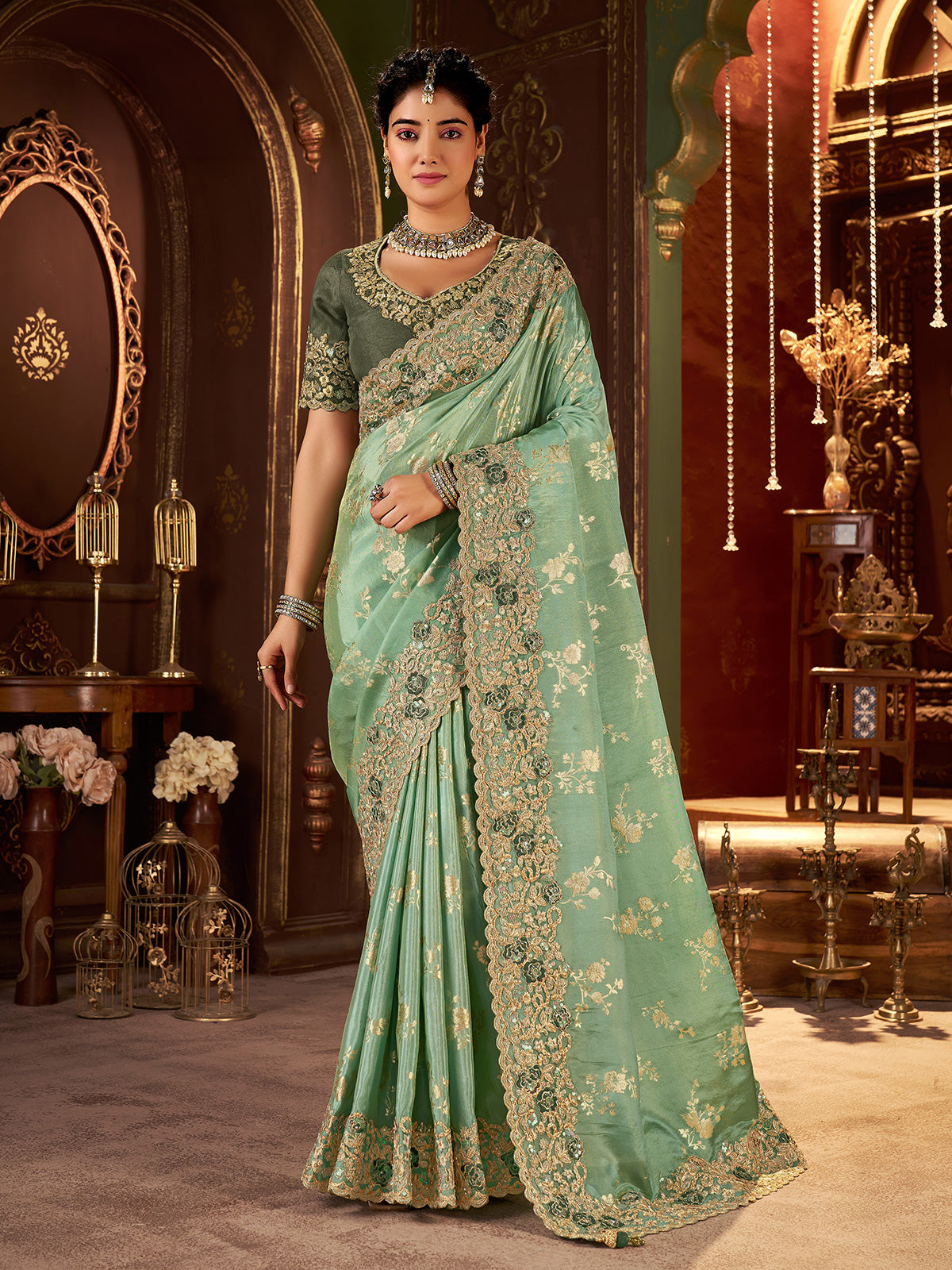 Pista green soft silk saree with contrast blouse