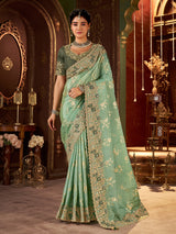 Pista green soft silk saree with contrast blouse