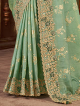 Pista green soft silk saree with contrast blouse