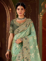 Pista green soft silk saree with contrast blouse