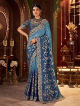 Shaded blue soft silk mirror work saree