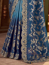 Shaded blue soft silk mirror work saree