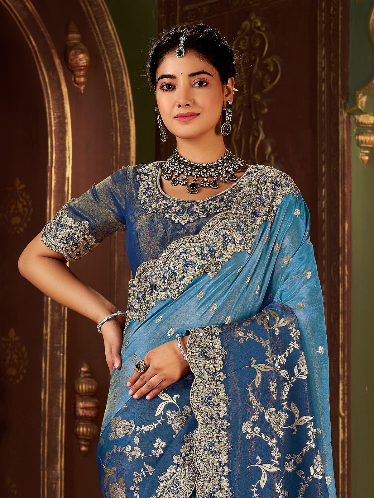 Shaded blue soft silk mirror work saree