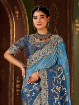 Shaded blue soft silk mirror work saree