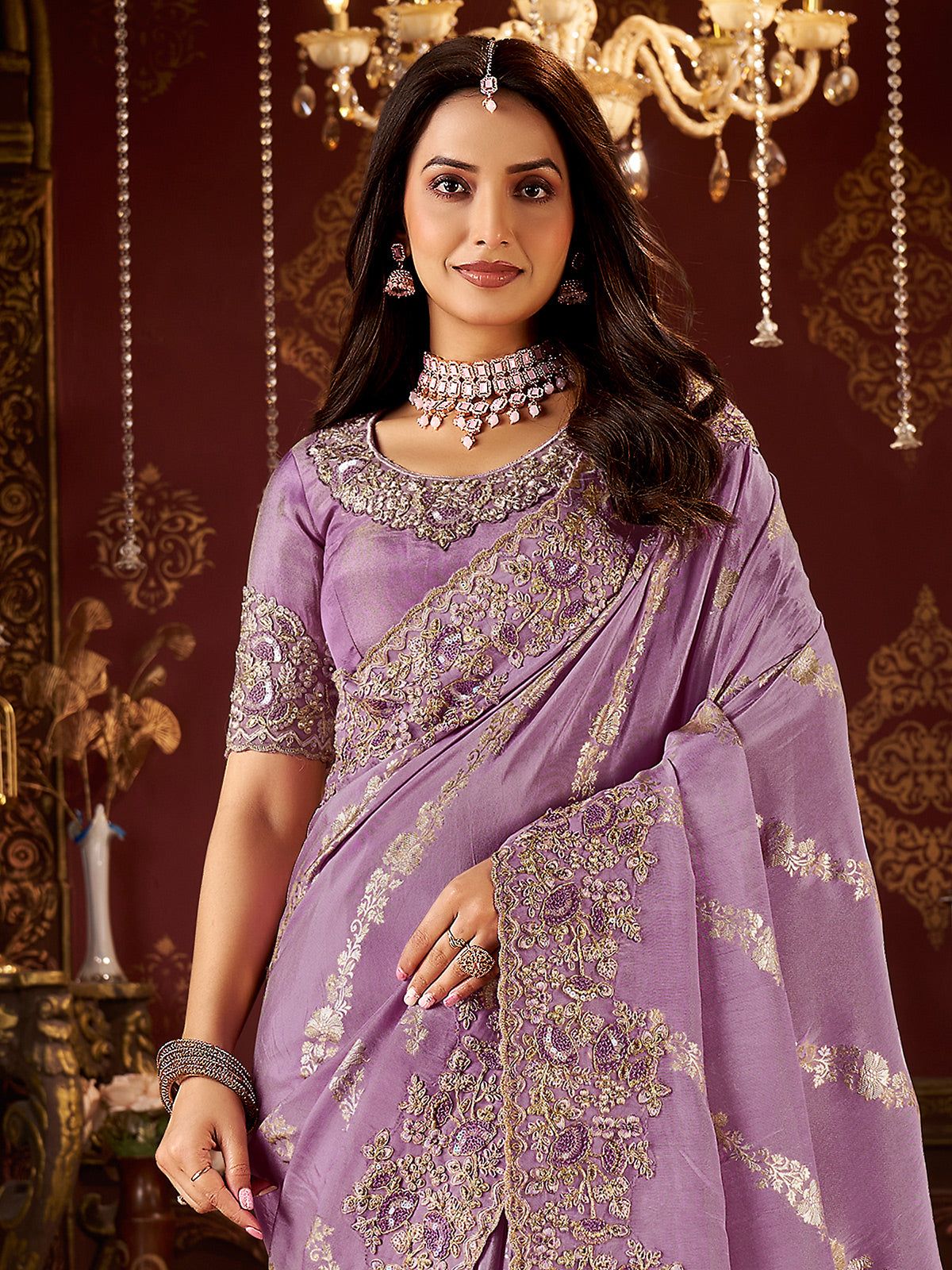 Lavender purple soft silk embroidered work saree
