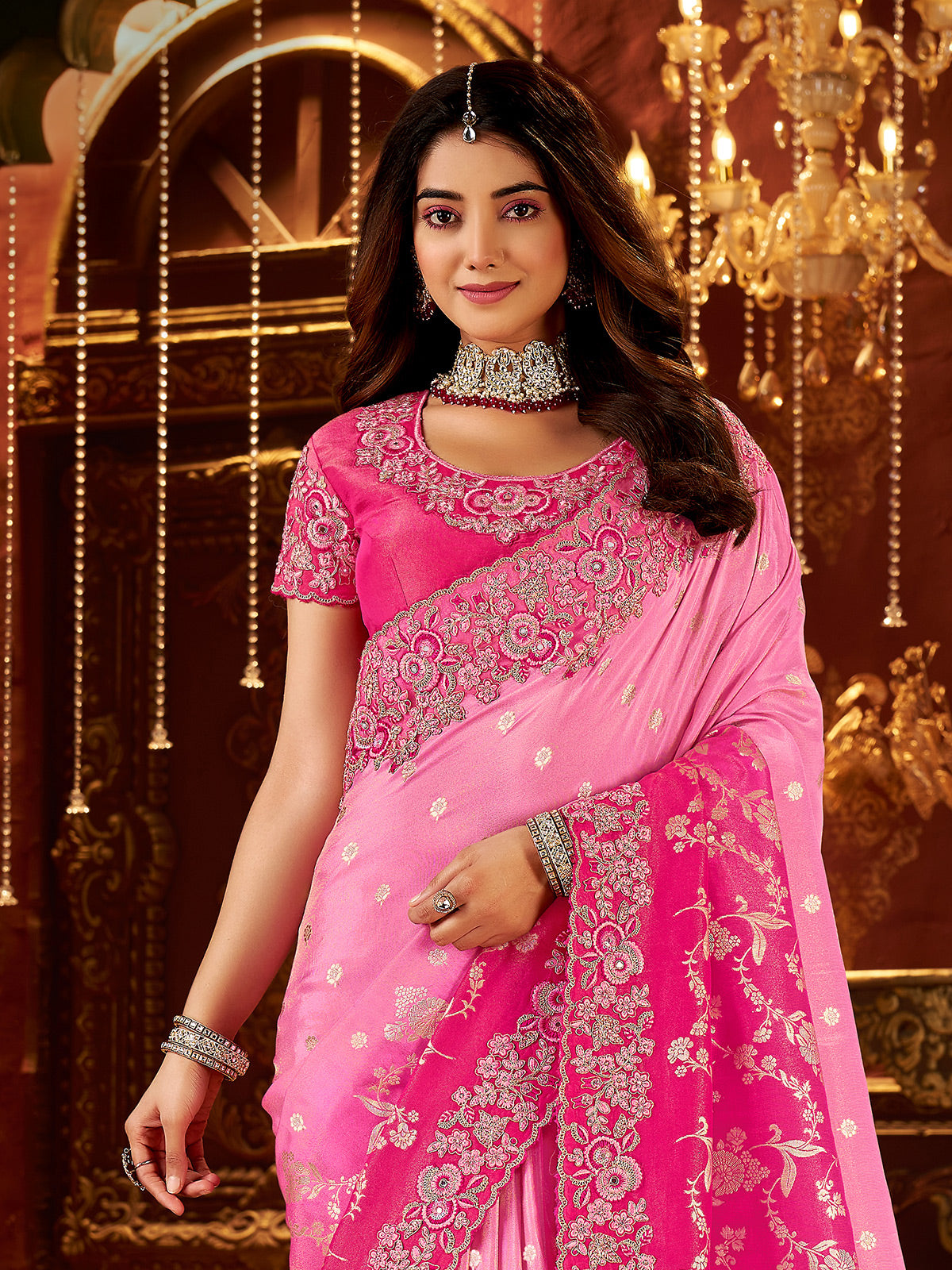 Shaded rani pink soft silk saree