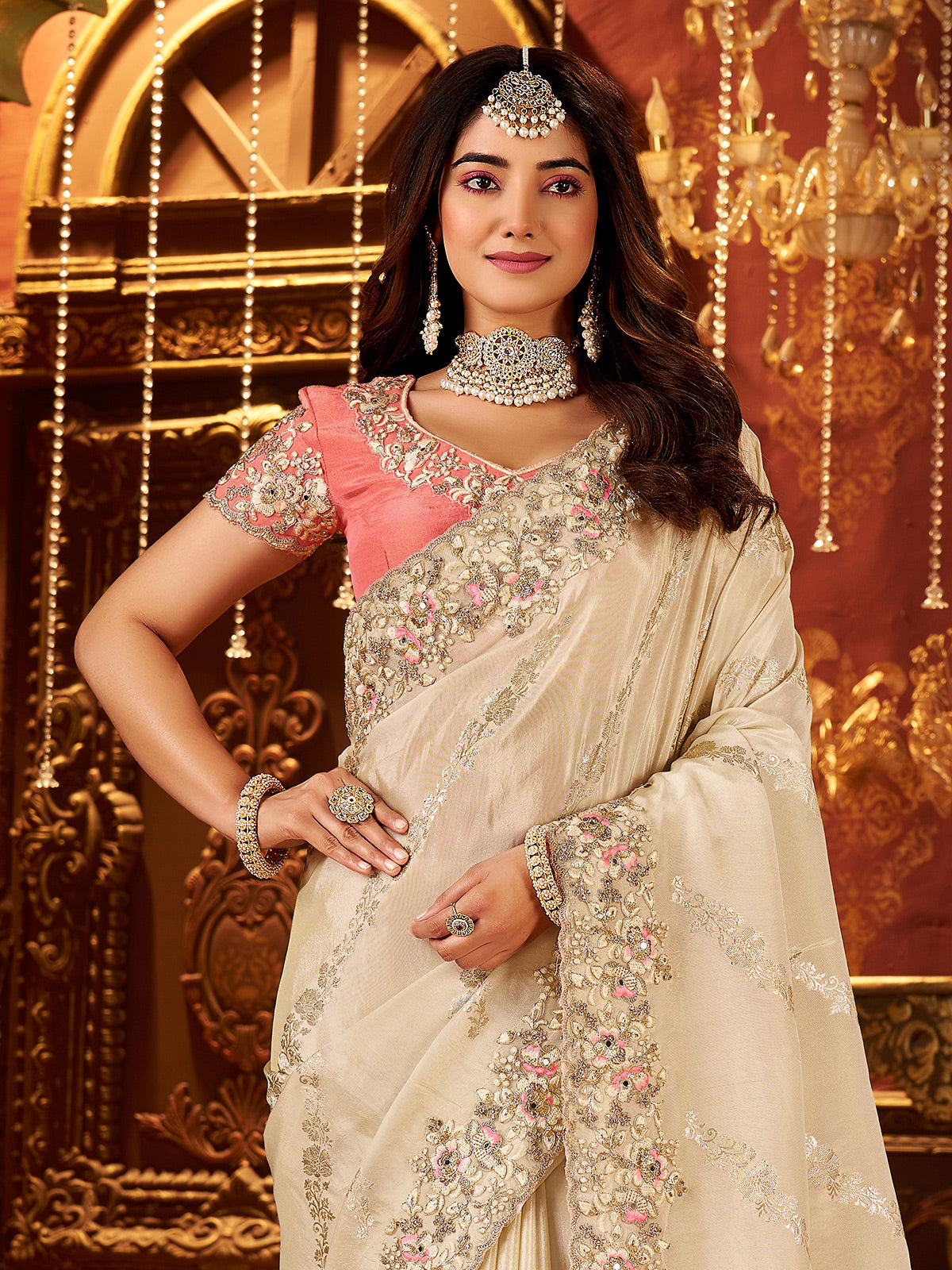 Cream soft silk embroidered saree for contrast blouse