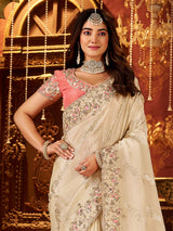 Cream soft silk embroidered saree for contrast blouse