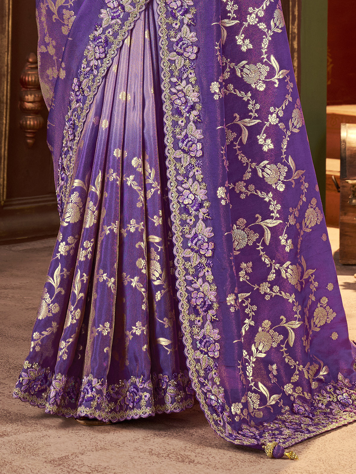 Shaded purple soft silk zardosi work saree