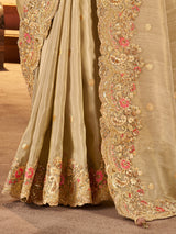 Beige soft silk contrast blouse festive wear saree
