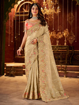 Beige soft silk contrast blouse festive wear saree