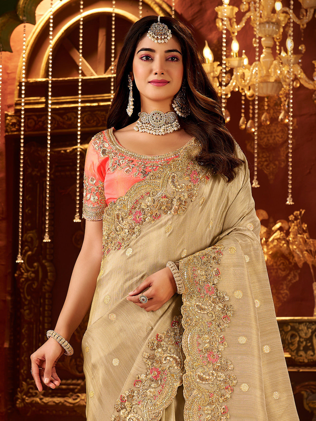 Beige soft silk contrast blouse festive wear saree