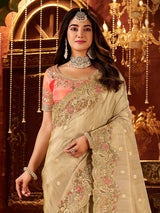 Beige soft silk contrast blouse festive wear saree
