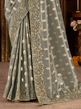Grey soft silk embroidered work festive saree