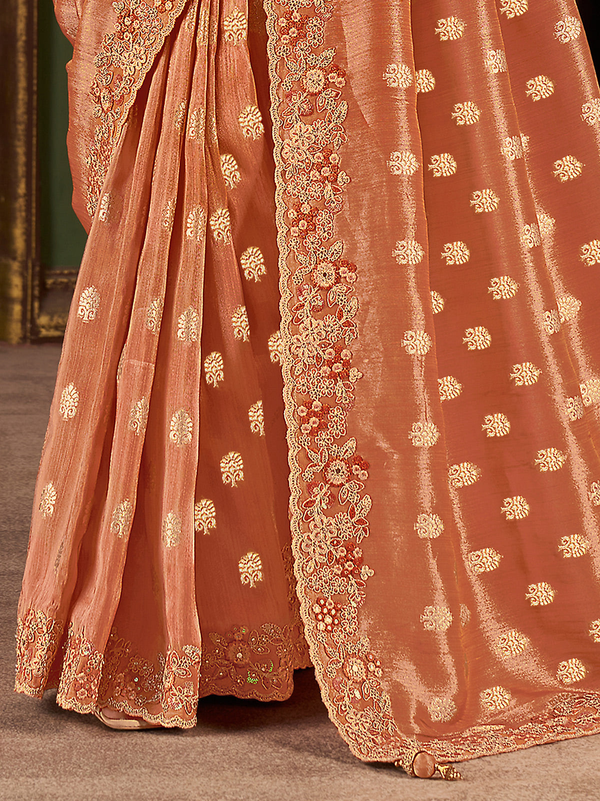 Peach soft silk embroidered work saree