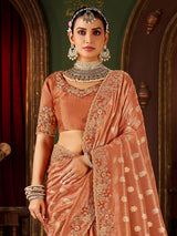 Peach soft silk embroidered work saree