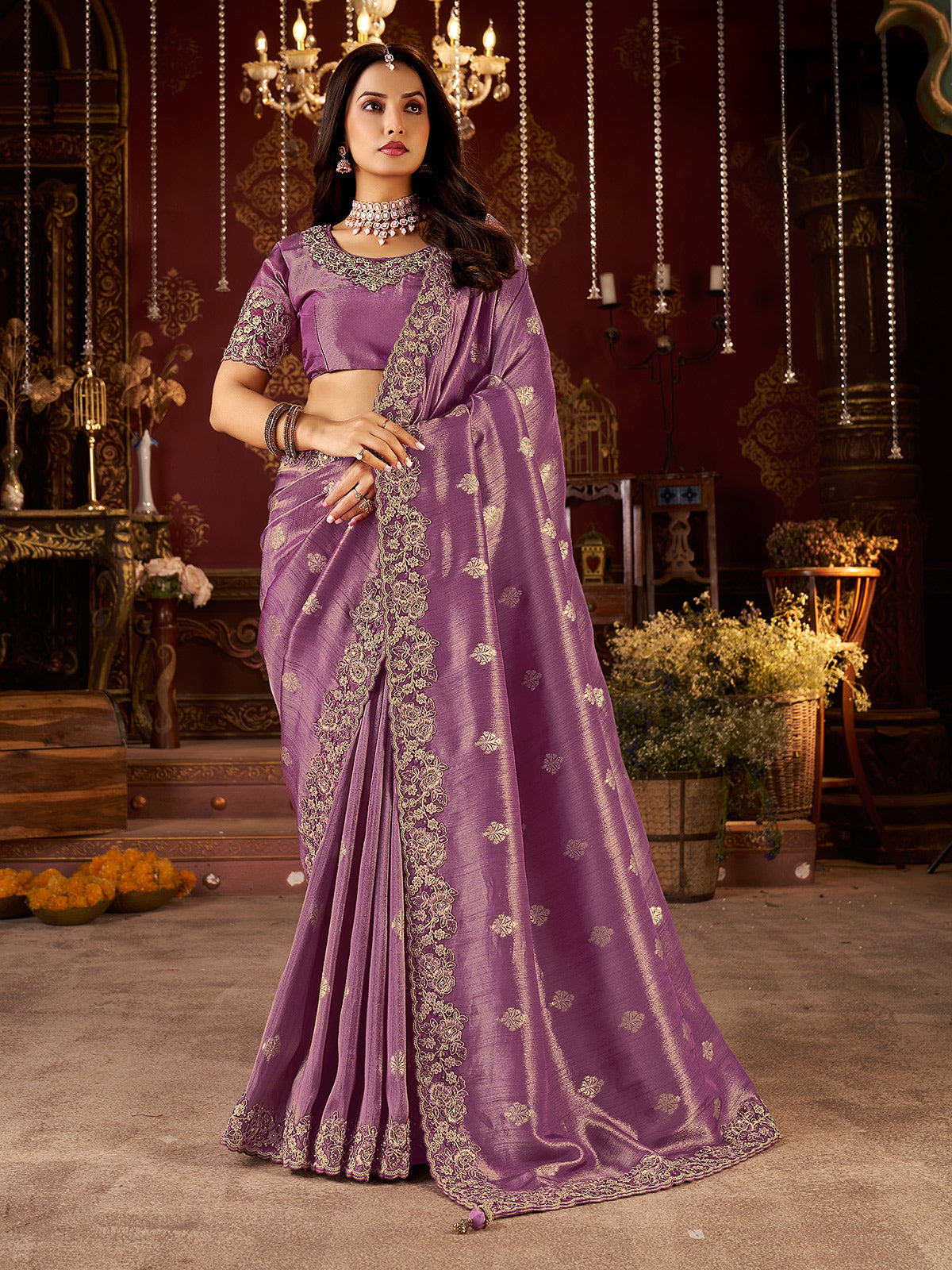 Purple soft silk embroidered work festive wear saree