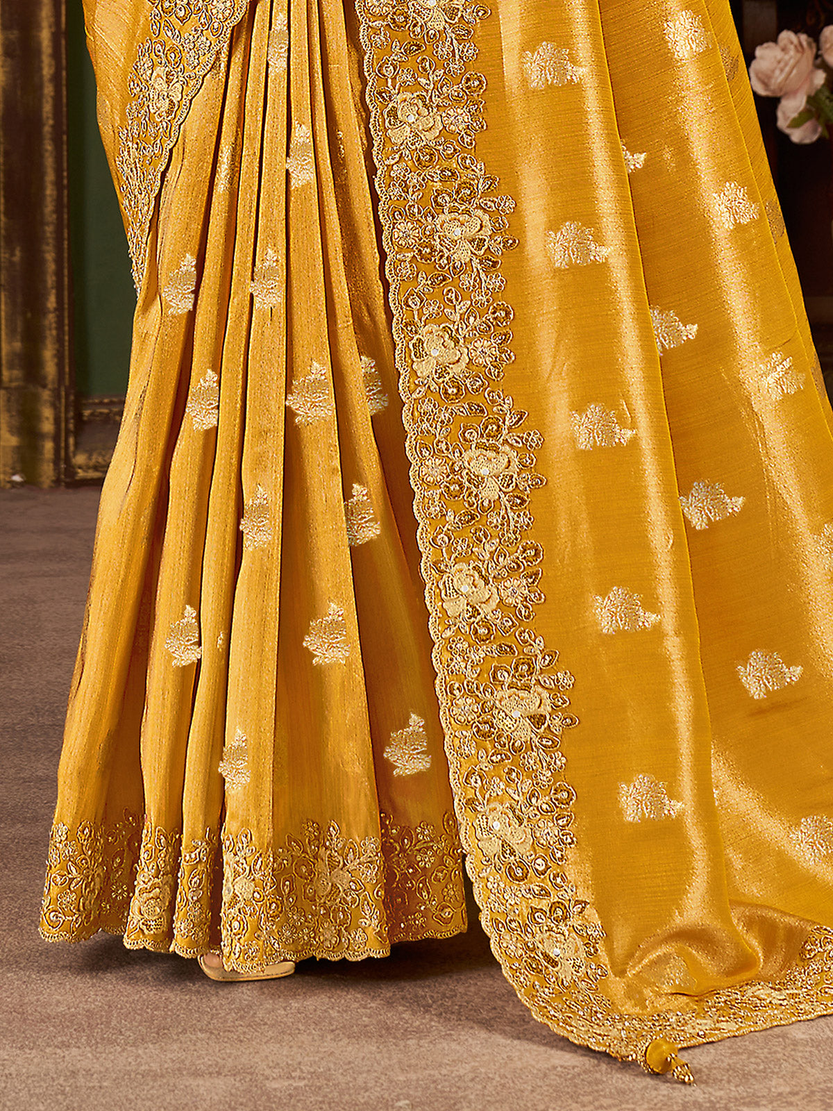 Mustard yellow soft silk embroidered work saree