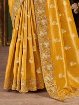 Mustard yellow soft silk embroidered work saree