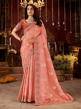 Peach soft silk mirror saree with contrast blouse