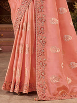 Peach soft silk mirror saree with contrast blouse