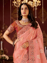 Peach soft silk mirror saree with contrast blouse