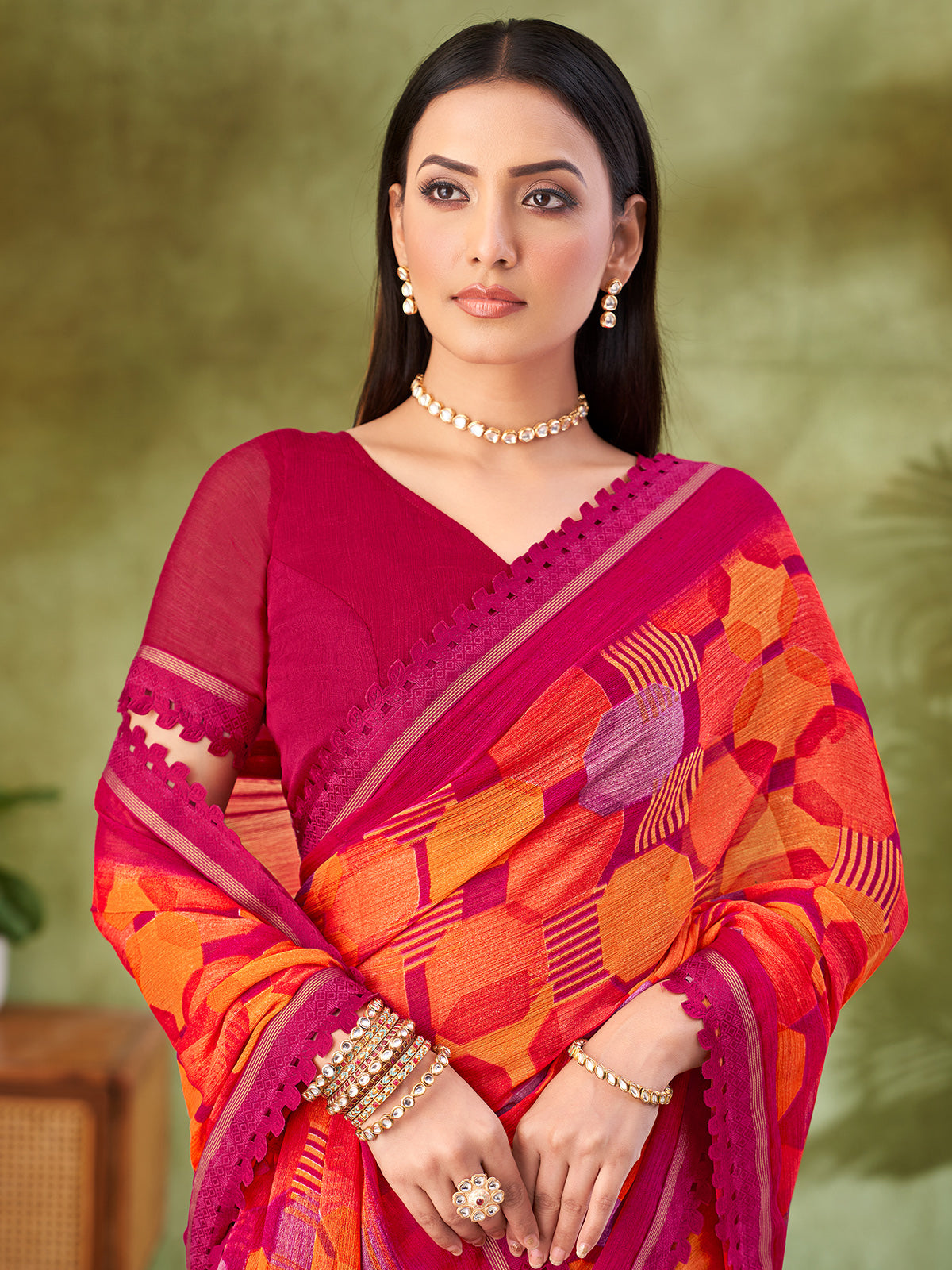 Pink geometric printed georgette saree