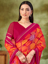 Pink geometric printed georgette saree
