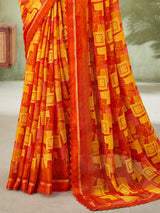 Orange geometric printed georgette saree