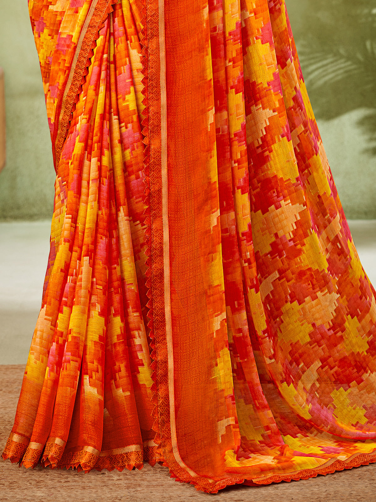 Orange classic geometric georgette saree