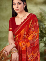 Red geometric printed georgette saree