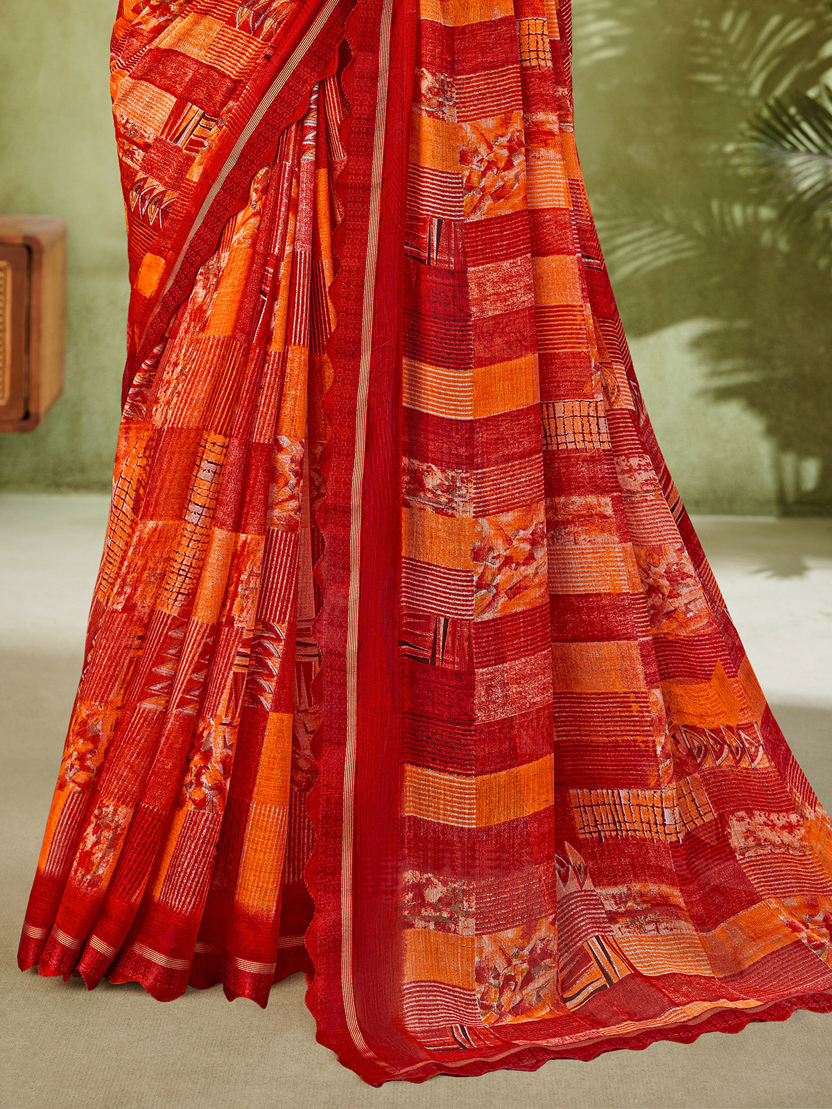 Red geometric printed georgette saree
