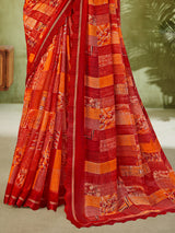 Red geometric printed georgette saree