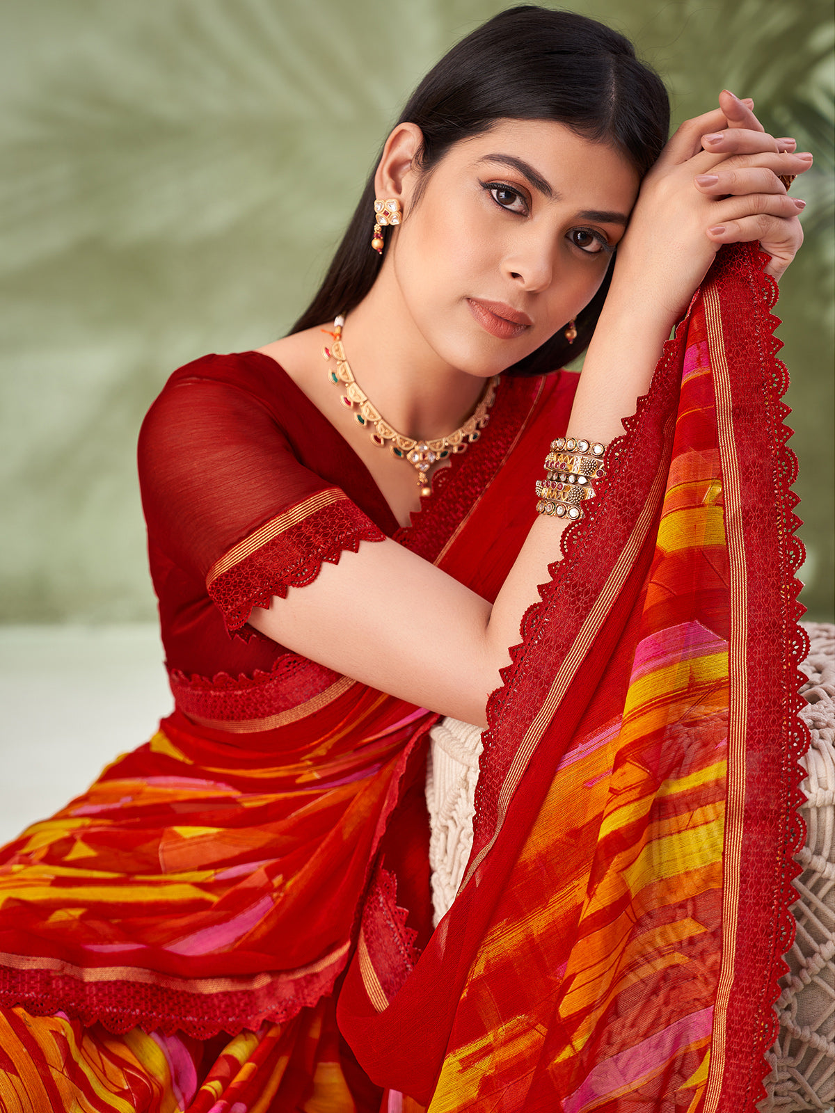 Red classic geometric georgette saree