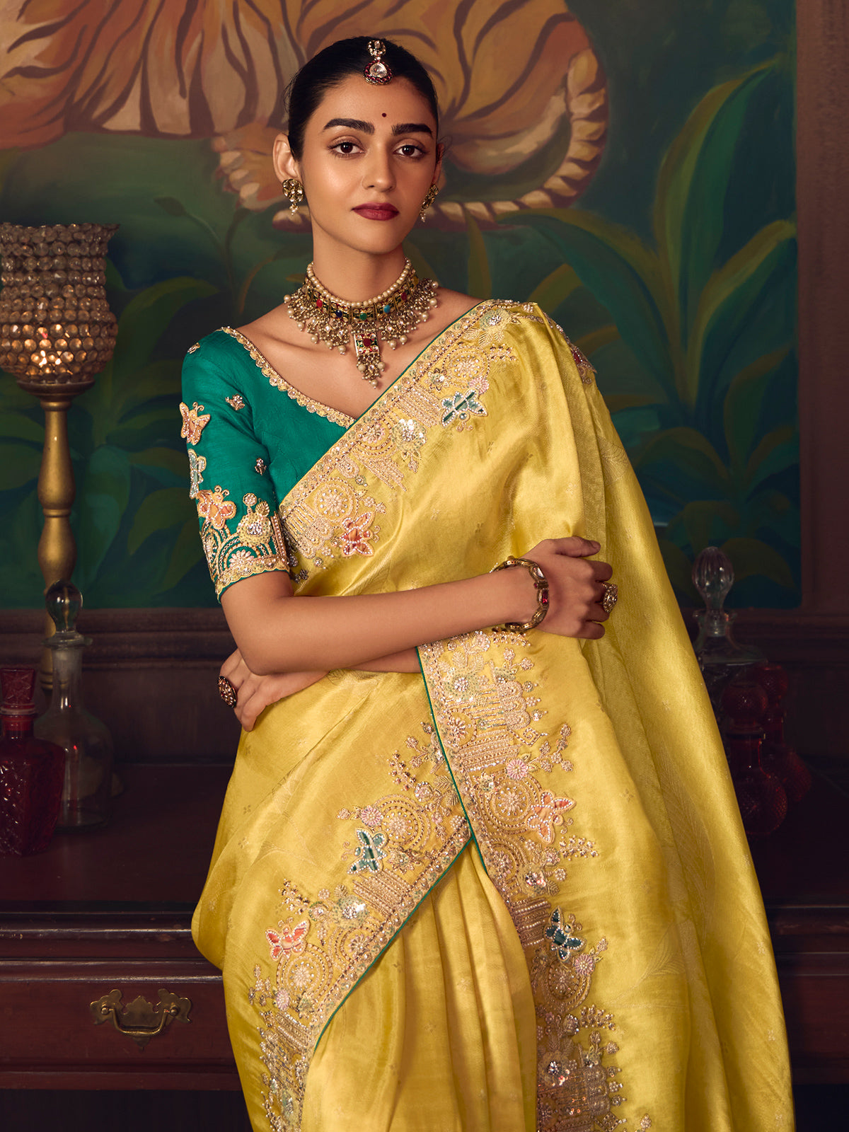 Mustard yellow silk embroidered festive saree