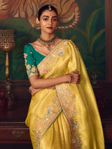 Mustard yellow silk embroidered festive saree