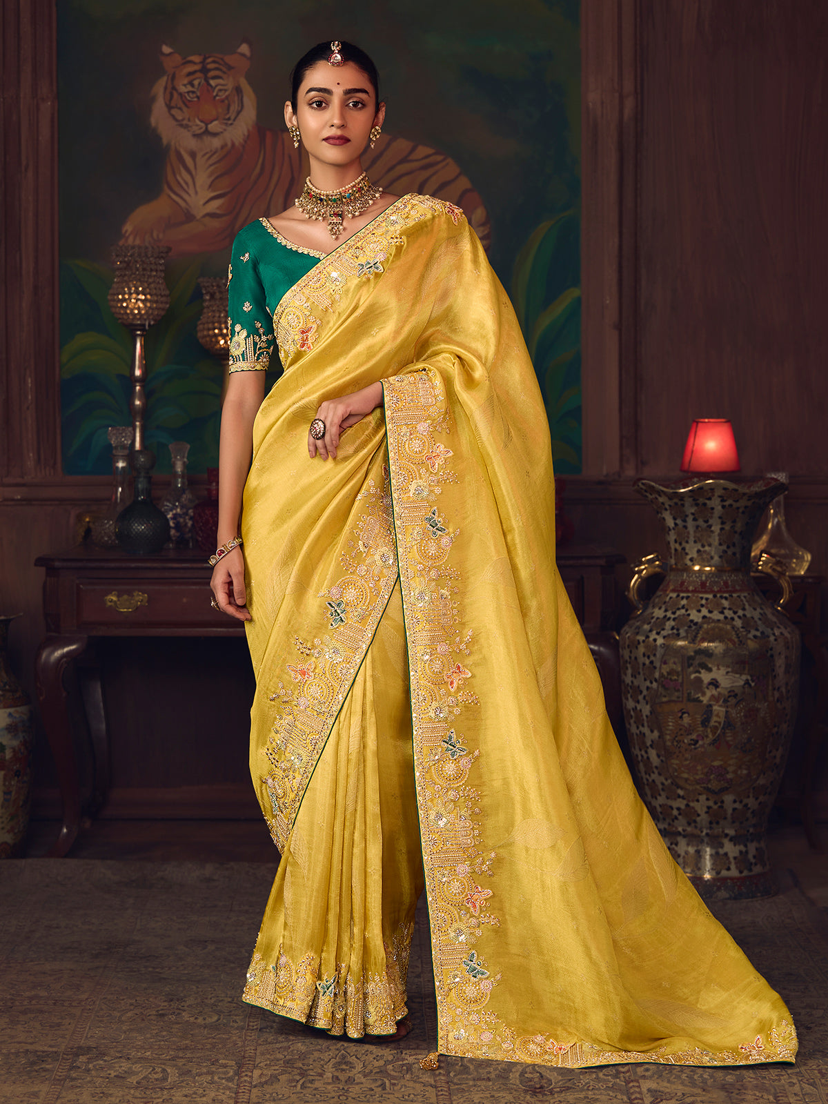 Mustard yellow silk embroidered festive saree