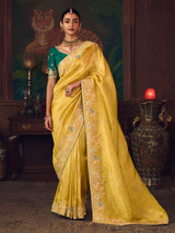 Mustard yellow silk embroidered festive saree