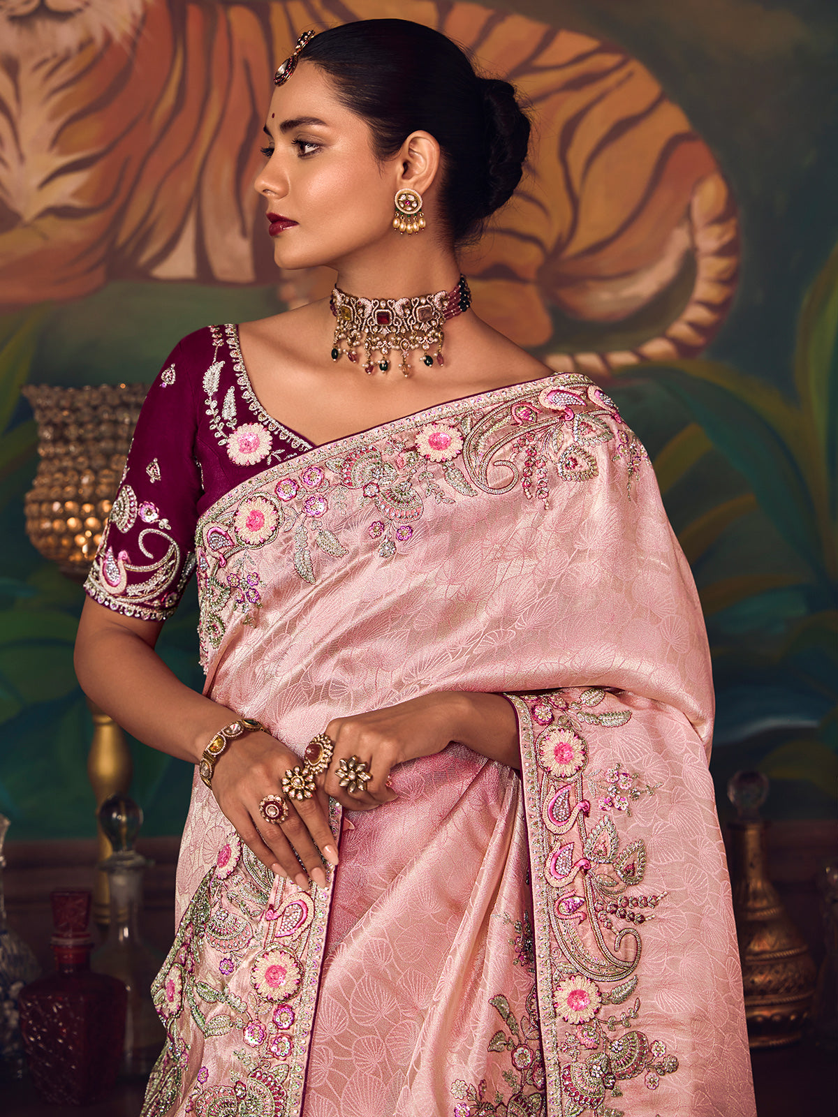 Light pink silk embroidered elegant saree